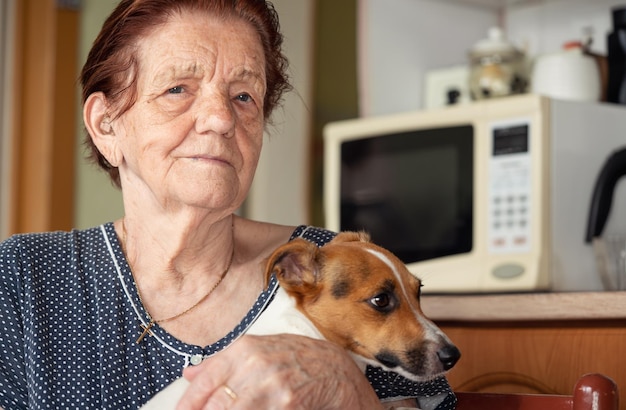 Anziana donna anziana in posa con il suo cane Jack Russell terrier in cucina, messa a fuoco sul volto della persona