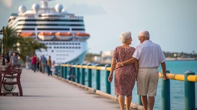 Anziani attivi in vacanza con una nave da crociera sullo sfondo di vacanze estive generative