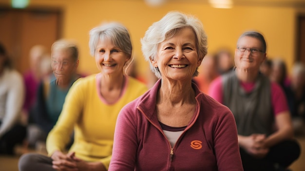 Anziani che praticano esercizi di calma per anziani Ai generative