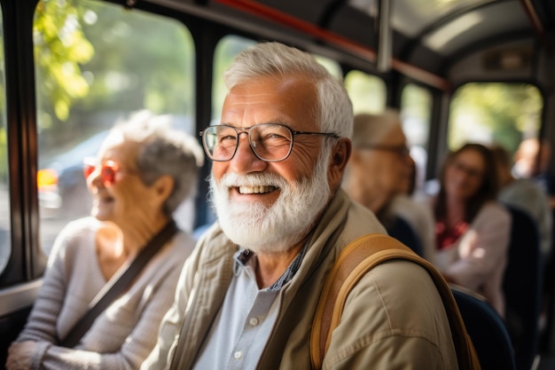 Anziani che si godono un'escursione in viaggio di cura con persone che si divertono a bordo di un comodo autobus AI generativo