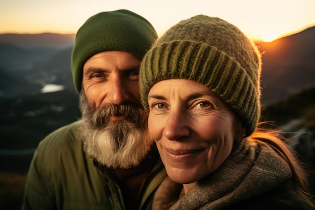 Anziani coppie di viaggiatori sorridenti stanno facendo un'escursione in montagna con il tramonto sullo sfondo generativo ai