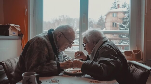 Anziani felici che mangiano insieme a casa