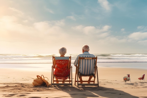 Anziani felici che si godono la pensione con una spiaggia al mattino