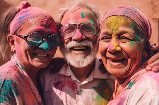 Anziani multietnici coperti di polvere colorata celebrano il festival estivo di Holi