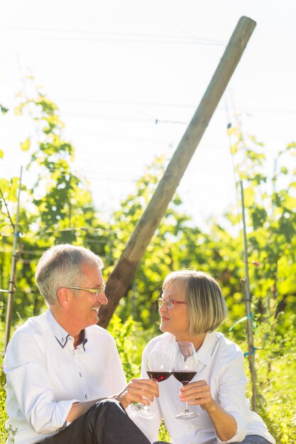 Anziani seduti in vigna bevendo vino rosso