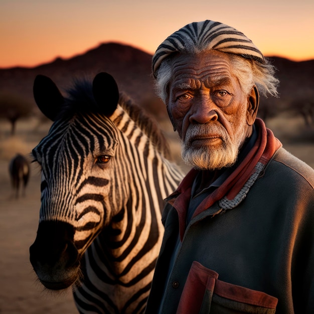 Anziano africano con capelli a righe e barba in piedi accanto a una zebra nel deserto Generative Ai