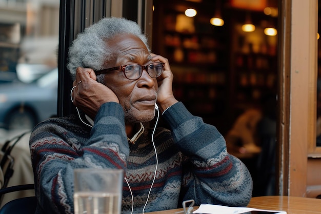 Anziano afroamericano dai capelli grigi con gli occhiali e il maglione seduto al tavolo che regola gli auricolari mentre ascolta l'audio sul telefono cellulare