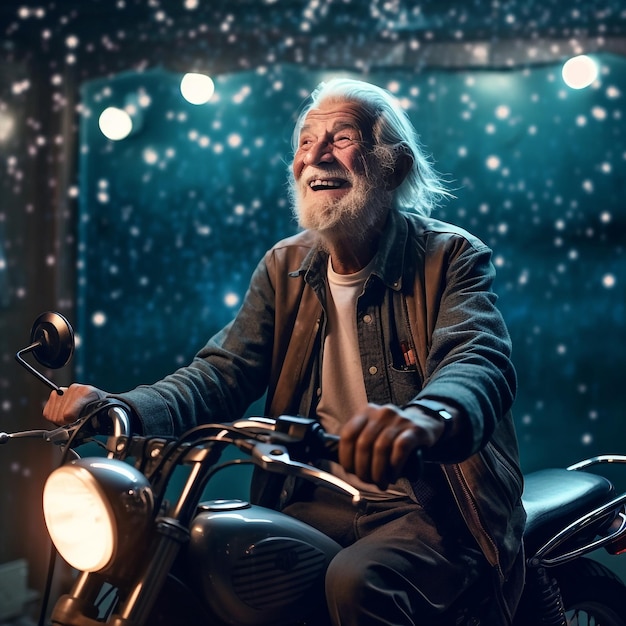 Anziano anziano ai generativo che guida motocicletta nella notte stellata incandescente