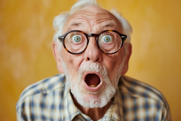 Anziano caucasico dai capelli bianchi che indossa gli occhiali che fissa la bocca aperta con uno sguardo di shock sorpreso