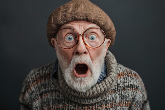 Anziano caucasico dai capelli bianchi che indossa gli occhiali che fissa la bocca aperta con uno sguardo di shock sorpreso