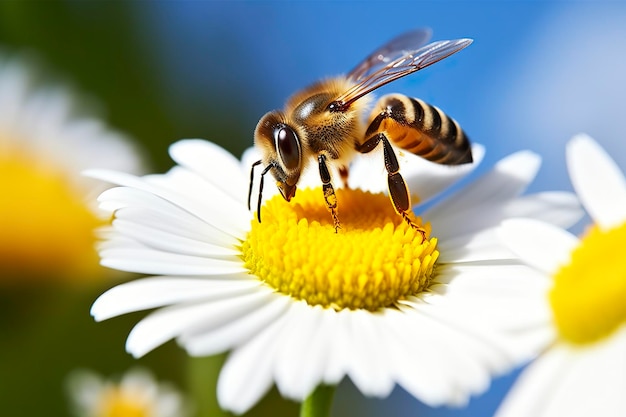 Ape e fiore Primo piano di un'ape che raccoglie il miele su un fiore margherita in una giornata di sole IA generativa