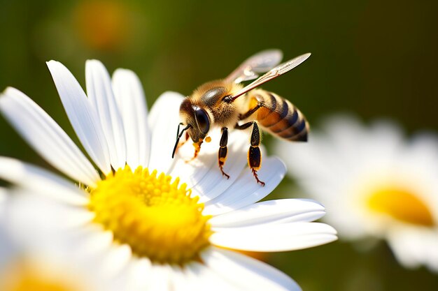 Ape e fiore Primo piano di un'ape che raccoglie il miele su un fiore margherita in una giornata di sole IA generativa