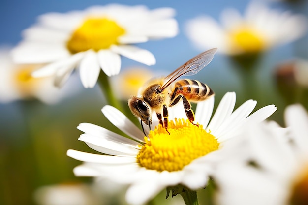 Ape e fiore Primo piano di un'ape che raccoglie il miele su un fiore margherita in una giornata di sole IA generativa