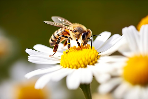 Ape e fiore Primo piano di un'ape che raccoglie il miele su un fiore margherita in una giornata di sole IA generativa