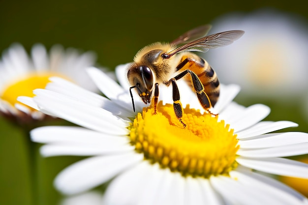 Ape e fiore Primo piano di un'ape che raccoglie il miele su un fiore margherita in una giornata soleggiata AI generativa