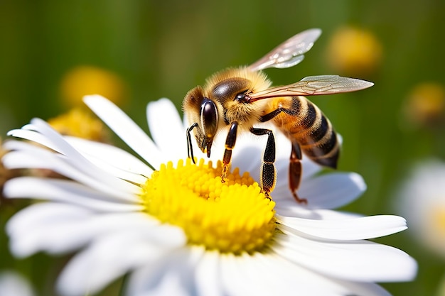 Ape e fiore Primo piano di un'ape che raccoglie il miele su un fiore margherita in una giornata soleggiata AI generativa