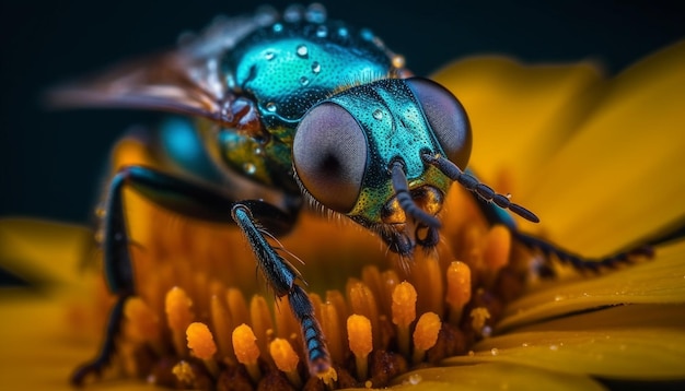 Ape gialla sulla macro bellezza del fiore verde nell'impollinazione della natura generata dall'intelligenza artificiale