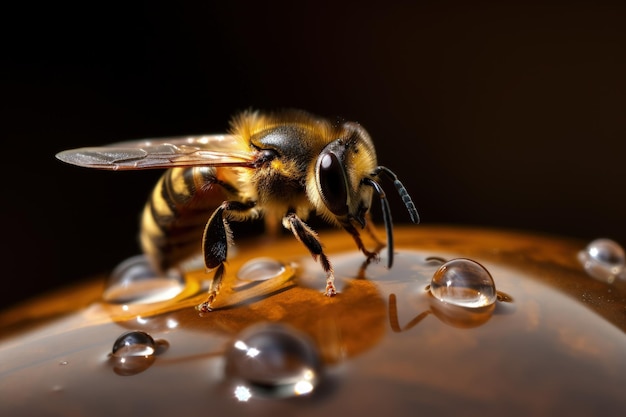 Ape macro carina che raccoglie miele da un vasetto di miele e piccole bolle intorno ad esso Bellissimo primo piano delle api con miele Illustrazione realistica e dettagliata del primo piano delle api mellifere con miele IA generativa