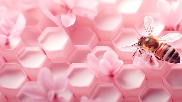 Ape mellifera e fiore rosa su sfondo a nido d'ape esagonale
