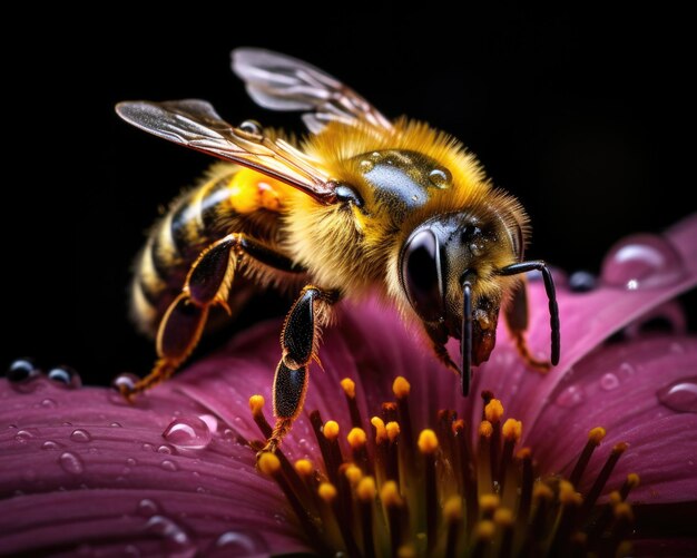 Ape seduta sul fiore sulla macro sfondo scuro da vicino