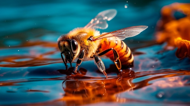 Ape sull'acqua macro dell'ape mellifica AI generativa