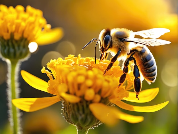 Ape volante del miele che raccoglie polline al fiore giallo Ape che sorvola il fiore
