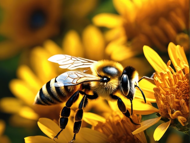 Ape volante del miele che raccoglie polline al fiore giallo Ape che sorvola il fiore