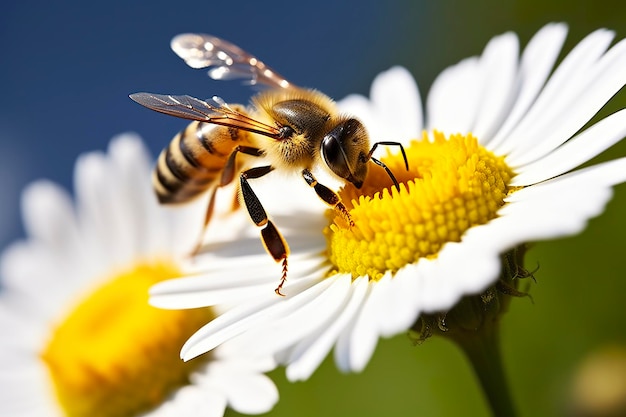 Apella e fiore Prossimo piano di un'apella che raccoglie miele su un fiore di margherita in una giornata di sole AI generativa