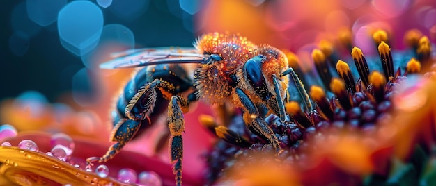Apella ricoperta di polline su un girasole a colori vibranti macro