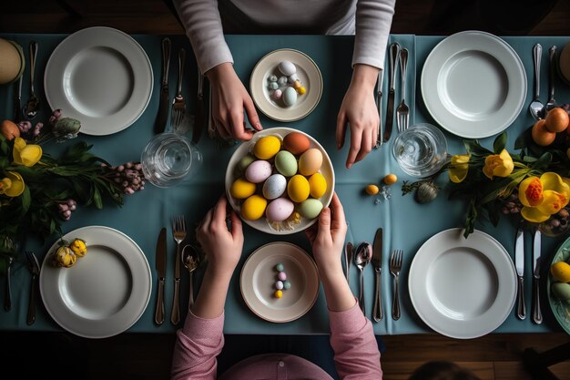 Aperitivo di Pasqua sfondo della tavola cibo cena di Pasqua uova fiori Felice festa di Pasqua