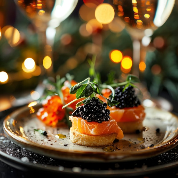 Aperitivo gourmet con caviale nero su un tavolo festivo con uno sfondo luminoso di Natale