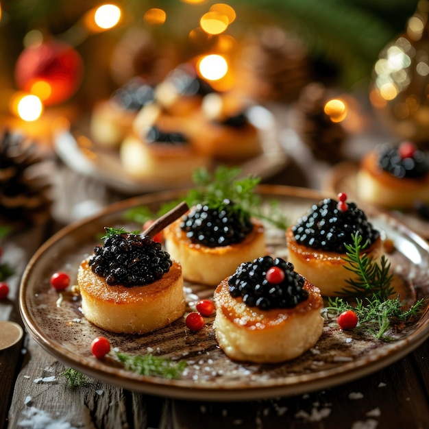 Aperitivo gourmet con caviale nero su un tavolo festivo con uno sfondo luminoso di Natale