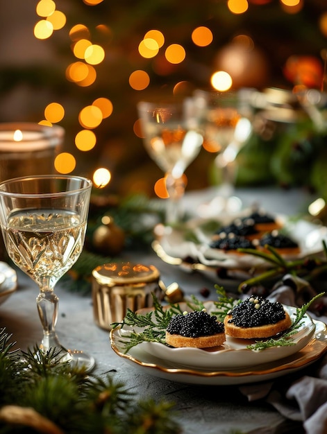 Aperitivo gourmet con caviale nero su un tavolo festivo con uno sfondo luminoso di Natale