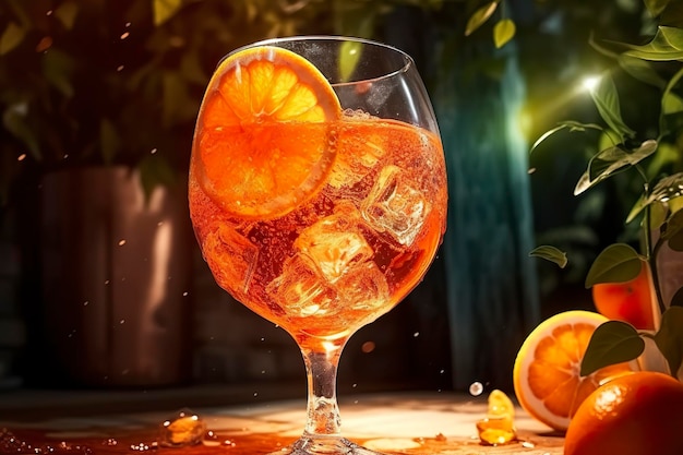 Aperol spritz bevanda estiva in bicchiere con ombre sfondo tropicale AI generativa