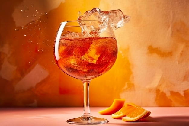 Aperol spritz bevanda estiva in vetro con ombre sfondo tropicale IA generativa