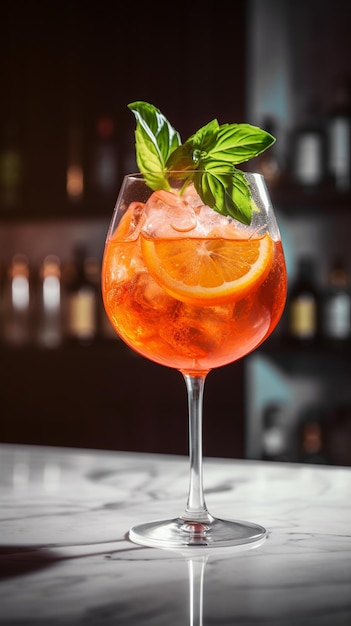 Aperol Spritz guarnito con foglie di menta fresca Immagine AI generativa