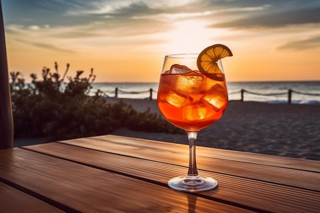 Aperol sul tavolo da spiaggia in legno IA generativa