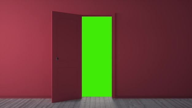 Apertura della porta rossa su schermo verde, chiave di crominanza. rendering 3d