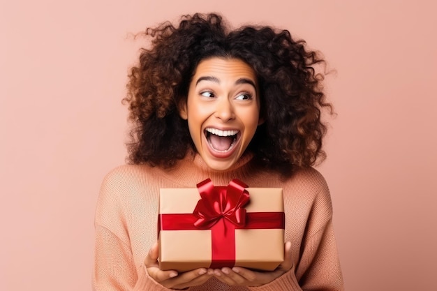 Apertura della scatola regalo Cosa c'è dentro Curiosa ragazza sta guardando nella scatola presente Fortunata donna che ride Celebrazione delle vacanze Concetto Illustrazione generativa AI