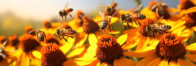 Api apis mellifera su fiori di helenium da vicino