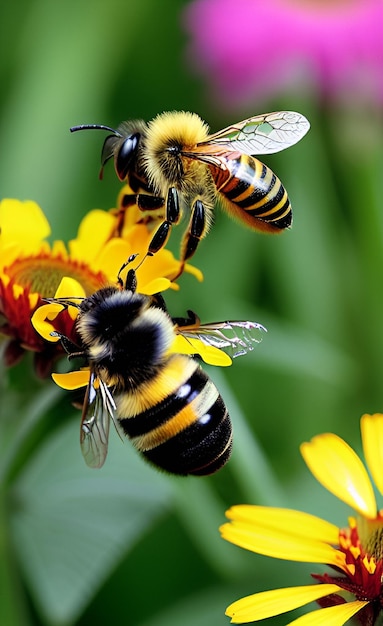 Api su un fiore con strisce gialle e nere