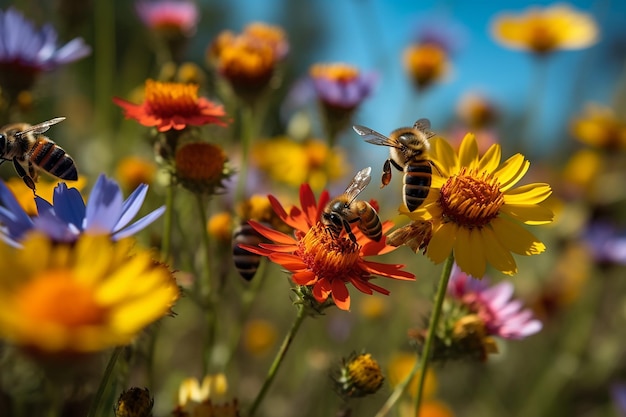 Api su un fiore in un campo