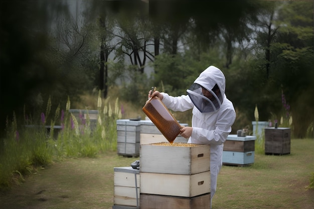 apicoltore che lavora con le api che tengono il favo