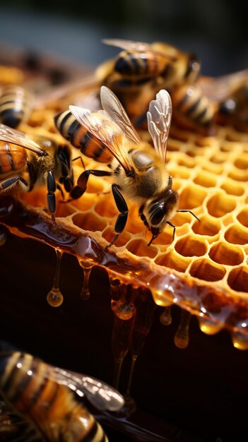 Apicoltore in primo piano con api con cornice a nido d'ape che realizzano oro liquido una danza simbiotica Mobile verticale