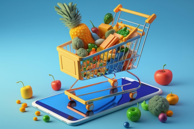 App mobile e shopping e-commerce Shopping online Moda Acquisto di generi alimentari carrello della spesa online generi alimentari su smartphone tecnologia di acquisto online pagamento digitale dal telefono cellulare