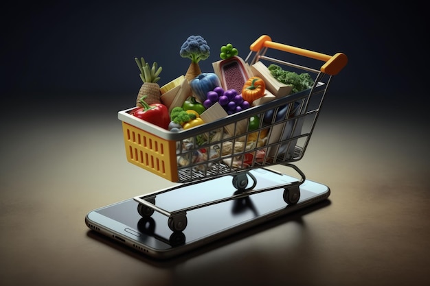 App mobile e shopping e-commerce Shopping online Moda Acquisto di generi alimentari carrello della spesa online generi alimentari su smartphone tecnologia di acquisto online pagamento digitale dal telefono cellulare