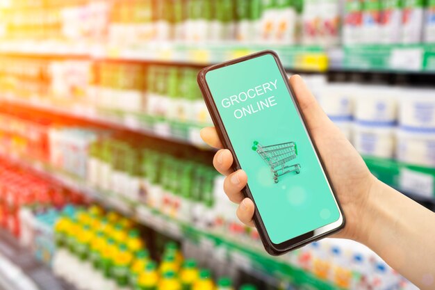 App per la consegna di generi alimentari online in un servizio di mercato alimentare del telefono cellulare in smartphone con carrello g...