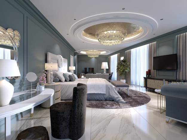 Appartamenti di lusso con camera da letto e zona giorno in stile contemporaneo con elementi classici, pareti blu e mobili chiari. rendering 3d