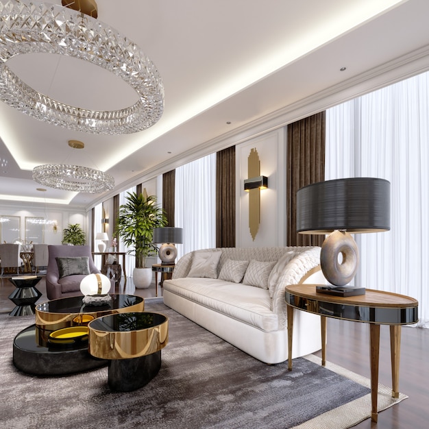 Appartamenti di lusso in hotel con soggiorno e sala da pranzo, divano, letto, porta tv, tavolo da pranzo, interni classici con pareti bianche. rendering 3d