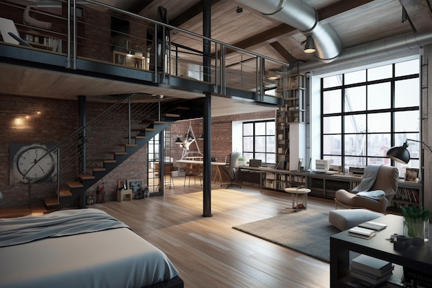 Appartamenti in stile loft con grandi finestre in stile di interior design nautico AI Generated Content